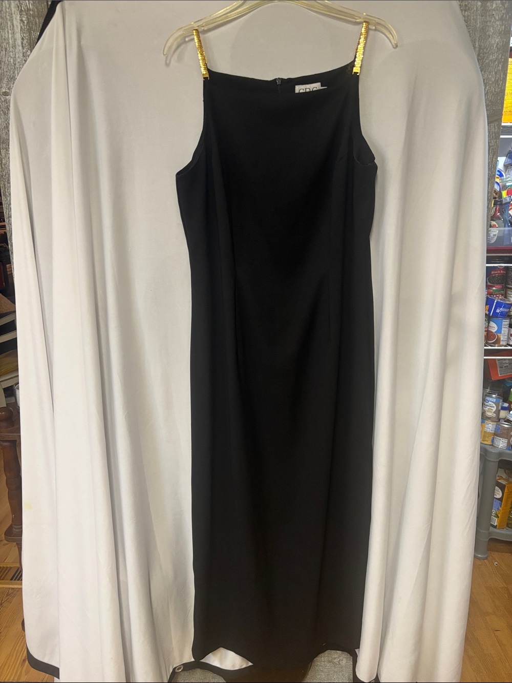 VTG 90s CDC Caren Desiree Black Midi Cocktail Dress Gold Chain Straps
